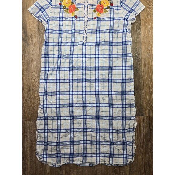 Johnny Was Women's Large Poplin Shirt Dress Tunic Plaid Embroidered Floral - Picture 15 of 15